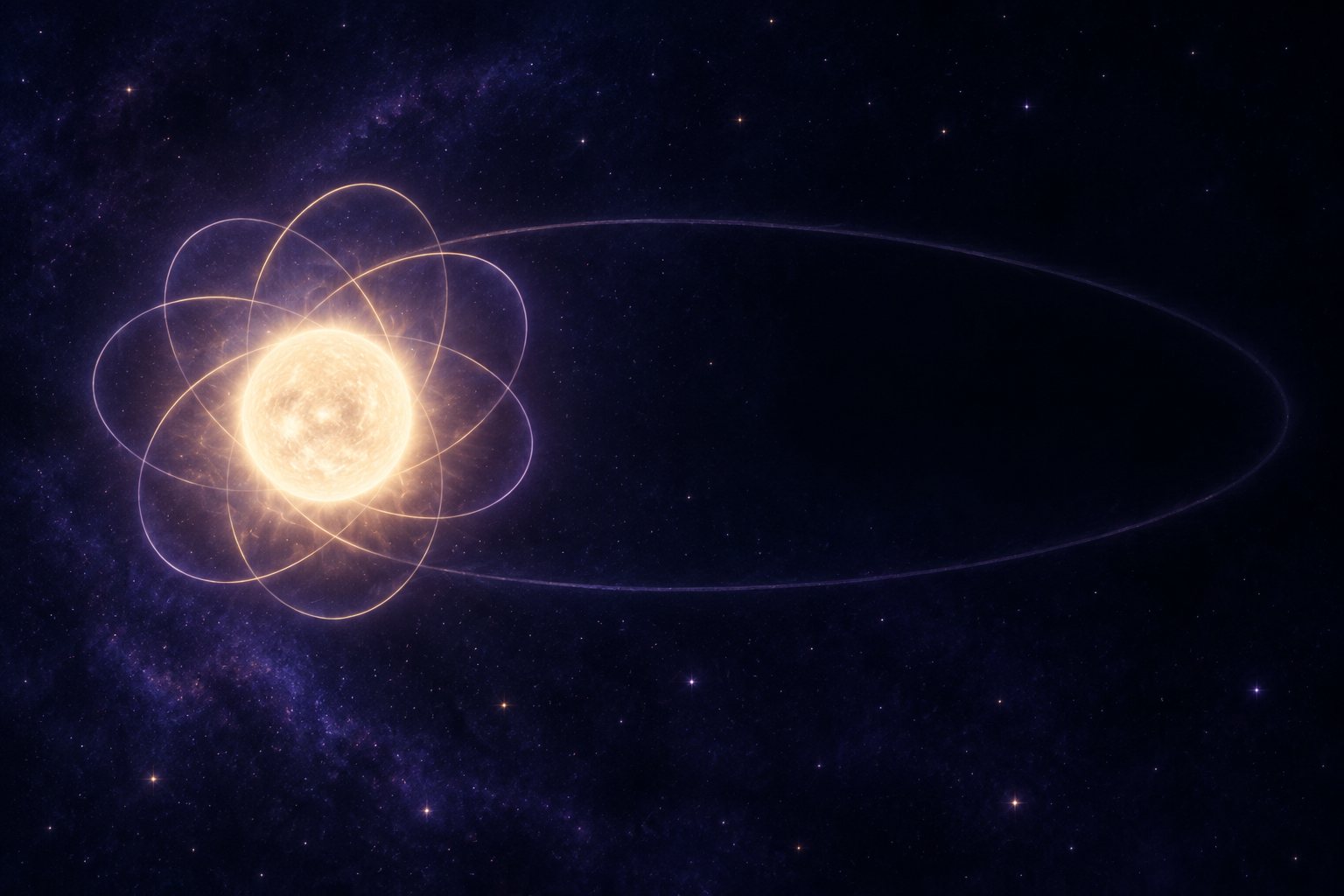 Conceptual artwork showing a bright star on the left surrounded by six faint rhythmic arcs. An elongated orbital curve reaches into darkness on the right, symbolizing a massive companion whose nature remains uncertain.