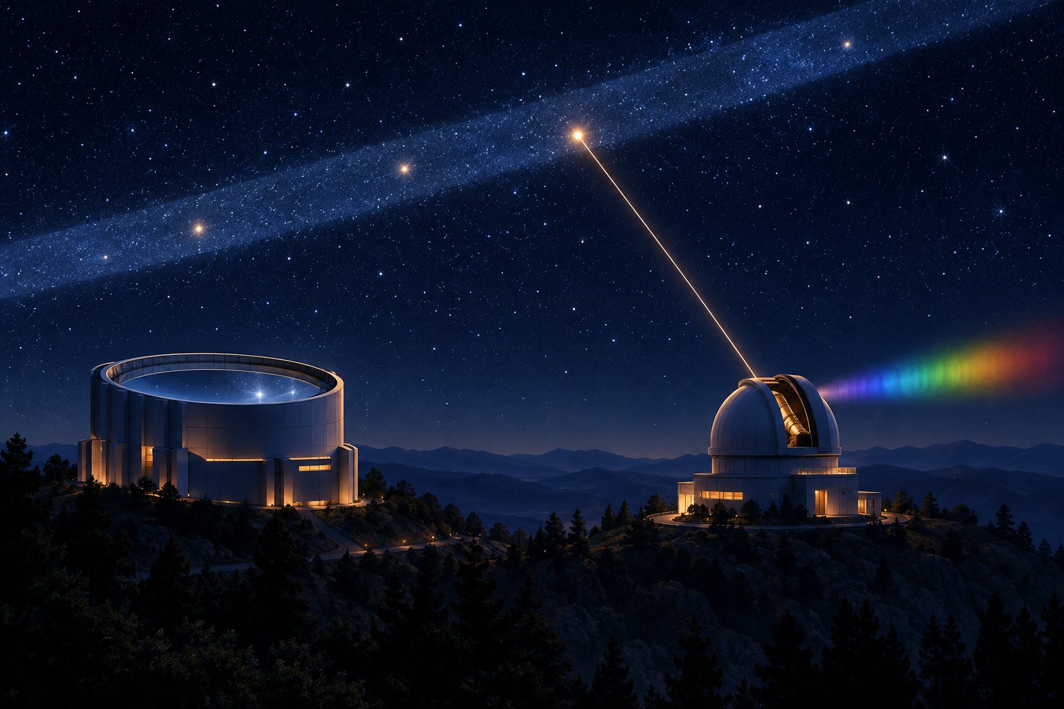 Conceptual illustration of two observatories beneath a starry sky. A luminous overhead ribbon represents the ILMT survey, with glowing points for transient candidates. A visual connection to the DOT and a band of colors symbolize spectroscopic follow-up.
