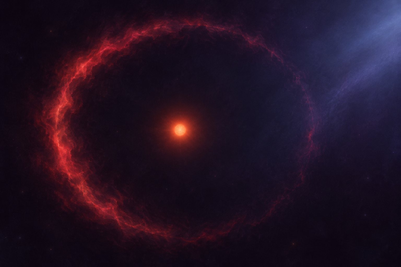 Conceptual artwork showing a warm orange-red star inside a broad, thin arc of crimson gas against dark space. A faint cool glow at one edge symbolizes a possible external source of ionizing light. The scene is not to scale.